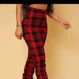 Red & black stretch pants ruched legs